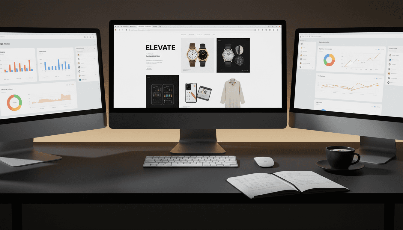 Ecommerce consultant reviewing Shopify analytics and store optimization on multiple monitors at a modern workspace
